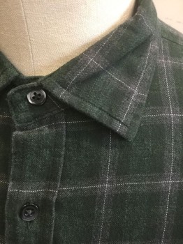 BLOOMINGDALE'S, Dk Green, Gray, White, Cotton, Wool, Plaid-  Windowpane, Flannel, Long Sleeve Button Front, Collar Attached, 1 Patch Pocket, Slim Fit