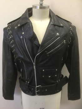Mens, Leather Jacket, JAMIN LEATHER, Black, Leather, Solid, L, Motorcycle Jacket, Zip Front, Silver Metal Chain Woven Through Large Silver Grommets at Armscyes, Epaulettes at Shoulders, 3 Zip Pockets + 1 Flap Pocket with Silver Studs/Snap, **Separate Self Belt with Silver Buckle, Lining is Burgundy Quilted and Detaches