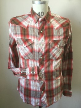 Mens, Western, SALT VALLEY, Red, Brown, White, Black, Cotton, Plaid, 34, 16, M, Long Sleeves, Snap Front, 2 Pockets, Western Yoke, Double,