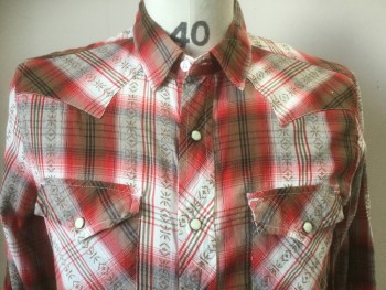 SALT VALLEY, Red, Brown, White, Black, Cotton, Plaid, Long Sleeves, Snap Front, 2 Pockets, Western Yoke, Double,
