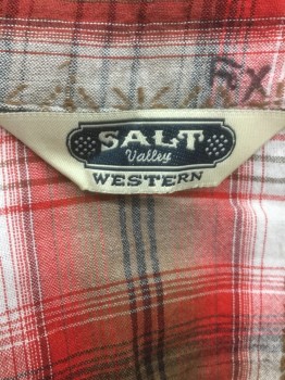 Mens, Western, SALT VALLEY, Red, Brown, White, Black, Cotton, Plaid, 34, 16, M, Long Sleeves, Snap Front, 2 Pockets, Western Yoke, Double,