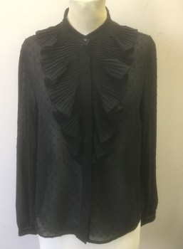 H&M, Black, Polyester, Dots, Chiffon with Dot Texture, Long Sleeve Button Front, Band Collar, Pleated Ruffle at Center Front Button Placket