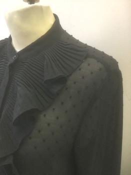 H&M, Black, Polyester, Dots, Chiffon with Dot Texture, Long Sleeve Button Front, Band Collar, Pleated Ruffle at Center Front Button Placket
