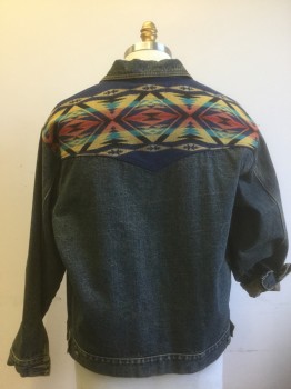 Mens, Jean Jacket, PENDLETON, Denim Blue, Multi-color, Cotton, Wool, Solid, Native American/Southwestern , XL, Medium Stone Washed Denim, Beige/Navy/Terracotta/Turquoise Southwestern Pattern Wool Panel at Shoulders, Button Front, Collar Attached, 4 Pockets, Has a Double