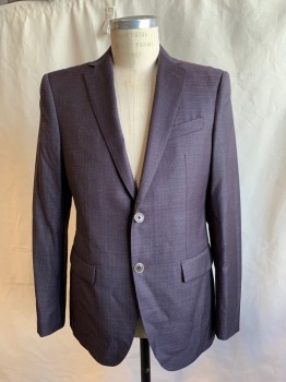 JOHN VARVATOS, Aubergine Purple, Wool, Solid, Single Breasted, Collar Attached, Notched Lapel, 2 Buttons,  3 Pockets
