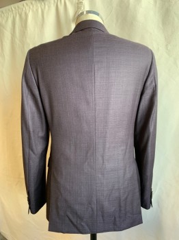 JOHN VARVATOS, Aubergine Purple, Wool, Solid, Single Breasted, Collar Attached, Notched Lapel, 2 Buttons,  3 Pockets