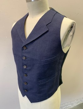 SIAM COSTUMES , Navy Blue, Gray, Linen, Stripes - Pin, Single Breasted, Notched Lapel, 6 Buttons, 4 Welt Pockets, Solid Black Back with Attached Belt at Waist, Made To Order