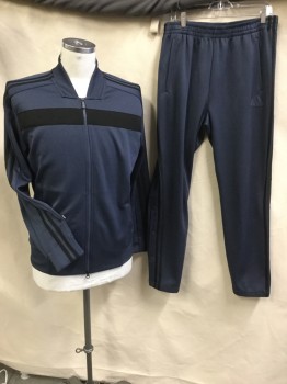 Mens, Sweatsuit Jacket, ADIDAS, Steel Blue, Black, Polyester, Cotton, Solid, Stripes - Horizontal , L, Jacket, Steel Blue with Black Horizontal Panel & 2 Stripes on Long Sleeves, Ribbed Collar Attached, Cuffs & Hem, Zip Front, 2 Pockets with Matching Pants