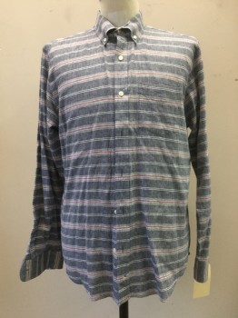 OLD NAVY, Navy Blue, White, Red, Linen, Cotton, Heathered, Stripes - Horizontal , Button Front, Button Down Collar, Long Sleeves, 1 Pocket,