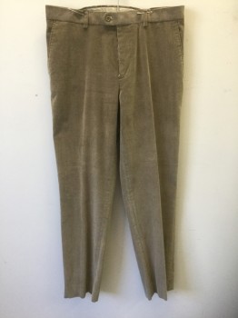 Mens, Casual Pants, LINEA NATURALE, Beige, Cotton, Spandex, Solid, Ins:32, W:34, Corduroy, Flat Front, Button Tab Waist, Zip Fly, 4 Pockets