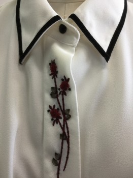 KORET, Off White, Black, Red Burgundy, Polyester, Solid, Floral, Collar Attached, Black Velvet Trim on Collar/cuffs, Button Front, Long Sleeves, Embroidered Red Flowers on Placket