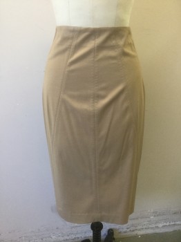 BODY BY VICTORIA, Beige, Polyester, Viscose, Solid, Pencil Skirt, Many Vertical Panels at Diagonal Angles with Self Top Stitching Detail, Form Fitting, Hem Just Below Knee, Box Pleat at Center Back Hem