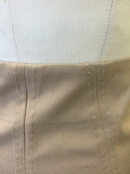 BODY BY VICTORIA, Beige, Polyester, Viscose, Solid, Pencil Skirt, Many Vertical Panels at Diagonal Angles with Self Top Stitching Detail, Form Fitting, Hem Just Below Knee, Box Pleat at Center Back Hem