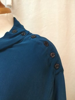 SK & CO, Teal Blue, Silk, Solid, Teal Blue, Mock Neck, Shoulder Button Detail, Long Sleeves, Shoulder Pads