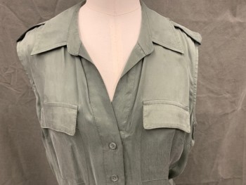 Womens, Dress, Sleeveless, L'AGENCE, Olive Green, Cupro, Solid, S, Spread Collar, Button Front, 2 Patch Pocket, 2 Side Pockets, Shoulder Epaulets, Self Tie Shirt Dress, Above the Knee Length