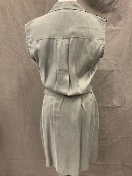 Womens, Dress, Sleeveless, L'AGENCE, Olive Green, Cupro, Solid, S, Spread Collar, Button Front, 2 Patch Pocket, 2 Side Pockets, Shoulder Epaulets, Self Tie Shirt Dress, Above the Knee Length