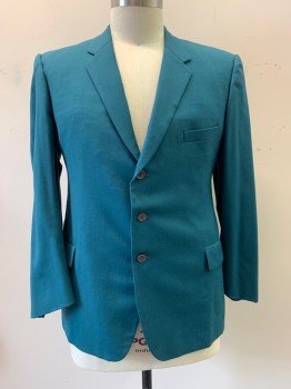 VINCENT COSTUMES, Teal Blue, Wool, Self Pattern, Notched Lapel, Single Breasted, Button Front, 2 Buttons, 3 Pockets