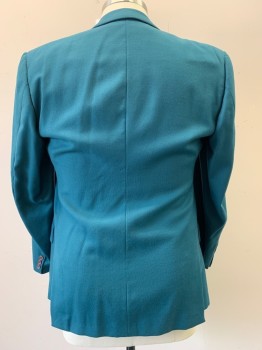 VINCENT COSTUMES, Teal Blue, Wool, Self Pattern, Notched Lapel, Single Breasted, Button Front, 2 Buttons, 3 Pockets