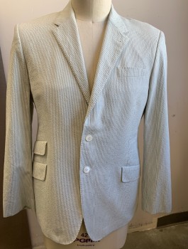 N/L, White, Lt Blue, Cotton, Viscose, Seersucker, Single Breasted, Notched Lapel, 2 Buttons, 4 Pockets, 1 Vent