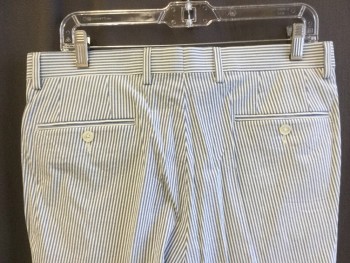 Mens, Suit, Pants, RALPH LAUREN, White, Slate Blue, Cotton, Spandex, Stripes - Vertical , 33/26+, 1.5" Waistband with Belt Hoops, Flat Front, Zip Front, 4 Pockets