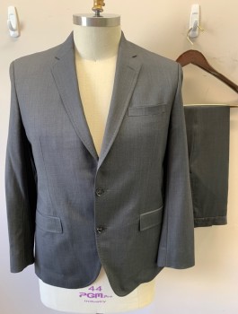 TED BAKER, Gray, Wool, Solid, Single Breasted, Notched Lapel with Hand Picked Stitching, 2 Buttons, 3 Pockets, Slim Fit, Navy and Purple Patterned Lining