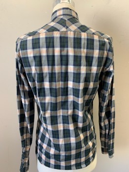 PAUL SMITH, Dk Green, Navy Blue, Gray, Peach Orange, White, Cotton, Plaid, Long Sleeves, Button Front, Collar Attached,