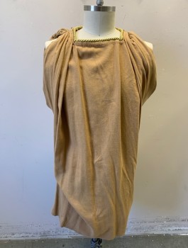 Mens, Historical Fiction Tunic, N/L MTO, Caramel Brown, Gold, Linen, M/L, Sleeveless, Gold Metallic Rope Trim, High Square Neck, Gathered at Shoulders, Gathered Drape with Rope Loop at Hip, Short Above Knee Length, Roman Soldier