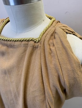 Mens, Historical Fiction Tunic, N/L MTO, Caramel Brown, Gold, Linen, M/L, Sleeveless, Gold Metallic Rope Trim, High Square Neck, Gathered at Shoulders, Gathered Drape with Rope Loop at Hip, Short Above Knee Length, Roman Soldier