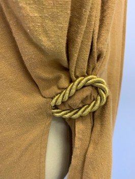 N/L MTO, Caramel Brown, Gold, Linen, Sleeveless, Gold Metallic Rope Trim, High Square Neck, Gathered at Shoulders, Gathered Drape with Rope Loop at Hip, Short Above Knee Length, Roman Soldier