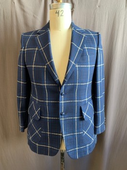 GEORGE KIRKLAND, Navy Blue, Blue, White, Wool, Silk, Grid , 1970's, Single Breasted, Collar Attached, Notched Lapel, 3 Pockets