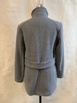 ZARA, Lt Gray, Polyester, Heathered, Double Breasted, Snap Front, 4 Pockets, Oversized Stand Collar, Back Waist Tab Belt