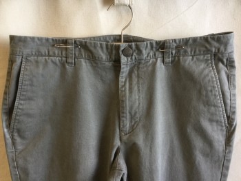 Mens, Casual Pants, BONOBOS, Olive Green, Cotton, Spandex, Solid, 35/35, 1.5" Waistband with Belt Hoops, Flat Front, Zip Front, 4 Pockets
