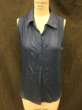 KAREN KANE, Denim Blue, Rayon, Solid, Open 1/2 Placket Front, Collar Attached, Sleeveless, Gathered at Shoulder Seams