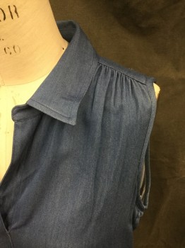 KAREN KANE, Denim Blue, Rayon, Solid, Open 1/2 Placket Front, Collar Attached, Sleeveless, Gathered at Shoulder Seams