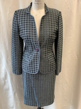 Womens, 1990s Vintage, Suit, Jacket, ELLEN TRACY, Gray, Silver, Black, Acrylic, Acetate, Houndstooth, PETITE, B: 36, Collar Attached, Single Breasted, Button Front, 1 Button, Gray Trim, 2 Faux Pocket,