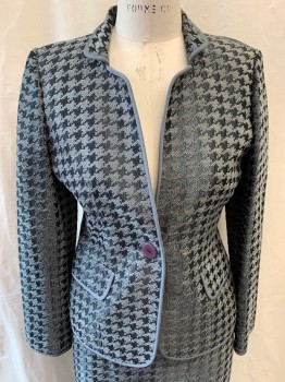 Womens, 1990s Vintage, Suit, Jacket, ELLEN TRACY, Gray, Silver, Black, Acrylic, Acetate, Houndstooth, PETITE, B: 36, Collar Attached, Single Breasted, Button Front, 1 Button, Gray Trim, 2 Faux Pocket,