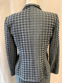ELLEN TRACY, Gray, Silver, Black, Acrylic, Acetate, Houndstooth, Collar Attached, Single Breasted, Button Front, 1 Button, Gray Trim, 2 Faux Pocket,