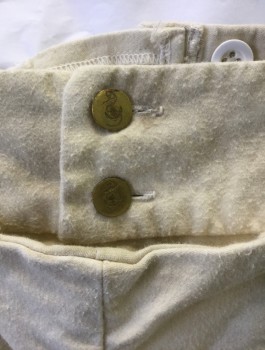 Mens, Historical Fiction Pants, MBA LTD, Cream, Cotton, Solid, W:28, Military Uniform Breeches, Brushed Cotton, Fall Front, Knee Length, Gold Buttons and Buckle at Leg Opening, Lacings/Ties at Center Back Waist, Made To Order Reproduction Late 1700's Early 1800's