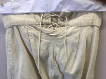 Mens, Historical Fiction Pants, MBA LTD, Cream, Cotton, Solid, W:28, Military Uniform Breeches, Brushed Cotton, Fall Front, Knee Length, Gold Buttons and Buckle at Leg Opening, Lacings/Ties at Center Back Waist, Made To Order Reproduction Late 1700's Early 1800's