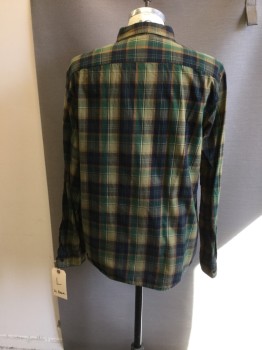 LL BEAN, Green, Brown, Navy Blue, Khaki Brown, Cotton, Plaid, Long Sleeves, Button Front, Collar Attached, 2 Pockets,