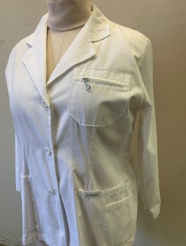 Womens, Lab Coat Women, LANDAU, White, Poly/Cotton, Solid, XS, 3 Buttons, Notched Lapel, 5 Pockets/Compartments, No Lining, Self Belt Detail at Center Back Waist