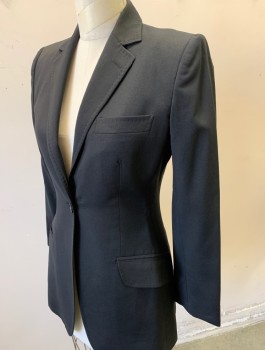 Womens, Blazer, DOLCE & GABBANA, Black, Wool, Polyester, Solid, Size 4, Single Breasted, 1 Button, Notched Lapel, Hand Picked Stitching at Lapel, Padded Shoulders, 3 Pockets, Leopard Spot Satin Lining
