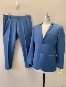 Mens, Suit, Jacket, TOPMAN, Periwinkle Blue, Polyester, Wool, Solid, 40 S, Notched Lapel, Collar Attached, 2 Buttons,  3 Pockets, (sleeves Have Been Taken Up)