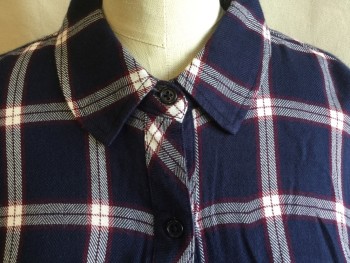 RAILS, Navy Blue, Maroon Red, Off White, Rayon, Plaid-  Windowpane, Stripes - Diagonal , Collar Attached, Button Front, 1 Pocket, Long Sleeves, Curved Hem