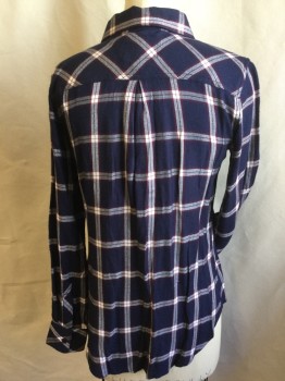 RAILS, Navy Blue, Maroon Red, Off White, Rayon, Plaid-  Windowpane, Stripes - Diagonal , Collar Attached, Button Front, 1 Pocket, Long Sleeves, Curved Hem