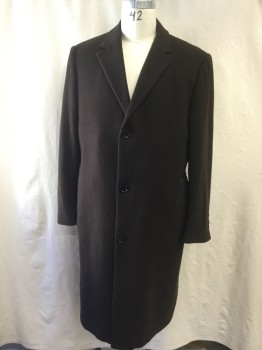 Mens, Coat, Overcoat, CALVIN KLEIN, Chocolate Brown, Wool, Nylon, Solid, 46L, Single Breasted, Collar Attached, Notched Lapel, Long Sleeves, 2 Pockets
