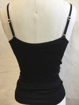FREE PEOPLE, Black, Nylon, Spandex, Solid, Black Ribbed, Deep V-neck with Fine/sheer Inlay, Adjustable Spaghetti Straps