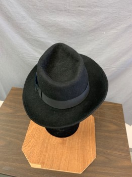 Mens, Fedora, NY HAT COMPANY, Black, Wool, Solid, 6 3/4, S, Felted Wool. Black Gross Grain Ribbon Hat Band, Navy Feathers
