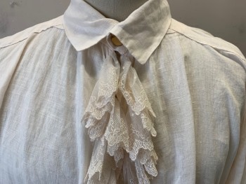 Mens, Historical Fiction Shirt, MTO, Cream, Linen, Solid, 56, Long Sleeves, Pullover, Split V-neck with Cream Lace Trimmed Jabot, 2 Button Stand Collar, Cream Lace Trimmed Cuffs with Gold Buttons