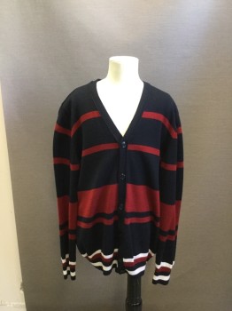 E. ARMANI, Red, Red, White, Wool, Acrylic, Stripes - Horizontal , V-neck, Double, Long Sleeves,